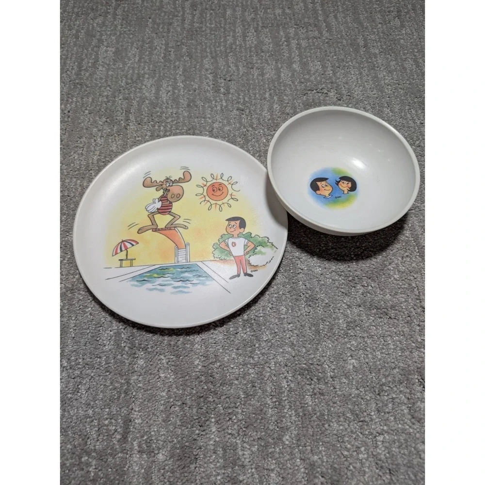 Vintage 1960s Bullwinkle and cheerios boy eating set Plate‎ And Bowl